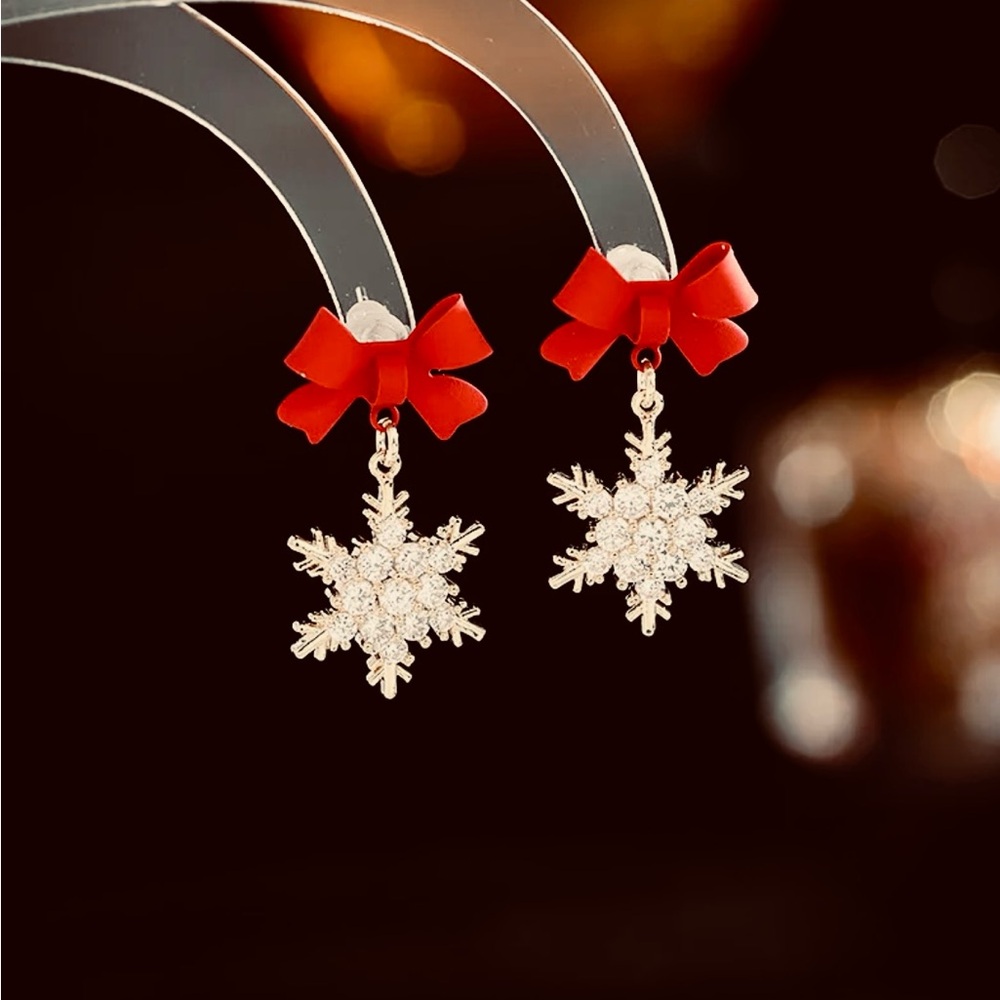 Red Bow Snowflake Earrings NEW